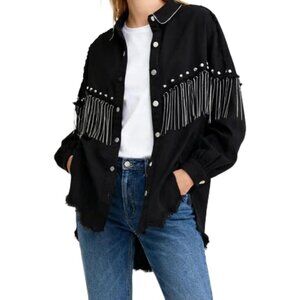Women’s Black Apocrypha Boho Fringe Rhinestone Denim Cowgirl Jacket